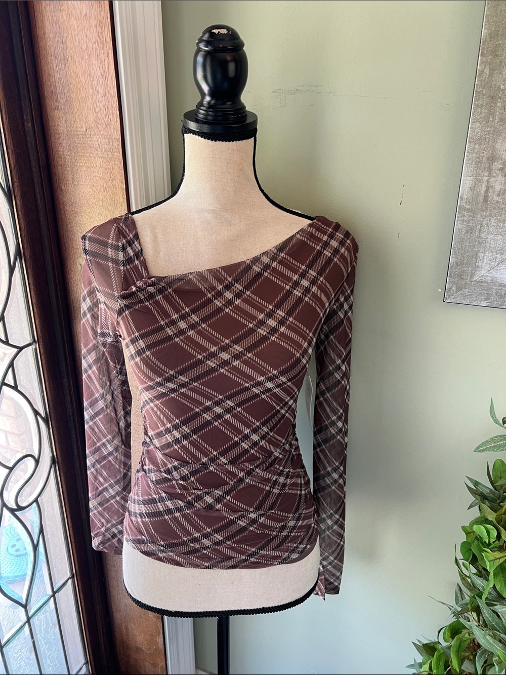 Derek Heart Brown Plaid Long-Sleeve Asymmetric Neck Top